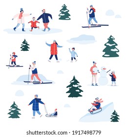 Set Of Winter Fun Outdoor Active For Happy Family. Children And Adults Ride Sledges, Skis, Skates, Playing In Snow Ball Fight Or Make Snowman In Park Or Forest. Vector Illustration