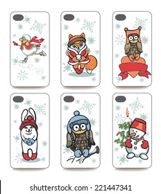 Set of Winter funny animals for mobile phone cover. The visible part of the clipping mask. The sample is ready for printing after the release clipping mask.Christmas, new year Vector illustration 