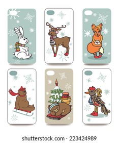 Set of Winter funny animals for mobile phone cover. The visible part of the clipping mask. The sample is ready for printing after the release clipping mask.Christmas, new year Vector illustration 