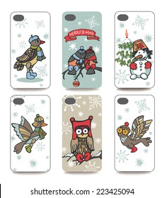 Set of Winter funny  bird and snowman for mobile phone cover.Visible part of the clipping mask.Sample is ready for printing after the release clipping mask.Christmas, new year Vector illustration 