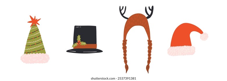 Set of winter funny hat drawn in flat style. Hand drawn vector illustration.