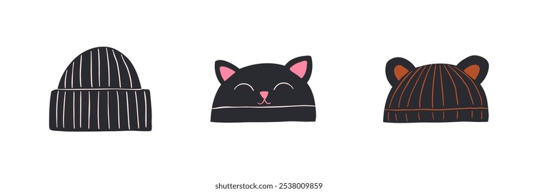 Set of winter funny hat drawn in flat style. Hand drawn vector illustration.