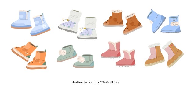 Set of winter fur warm children's shoes for boys and girls of different models, shapes and colors. Cute vector boots on white isolated background in flat style.