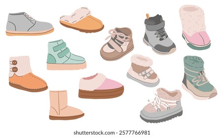 Set of winter fur warm children's shoes for boys and girls of different models, shapes and colors. Cute vector boots on white isolated background in flat style.