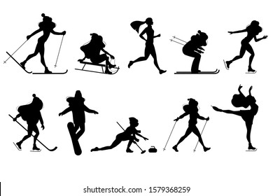 Set of Winter game sport silhouette illustrations. Woman doing ice skating, skiing, snowboarding, girl on sledge, Hockey, curling, skier, simple skater, outdoor snow games, cartoon characters. Vector
