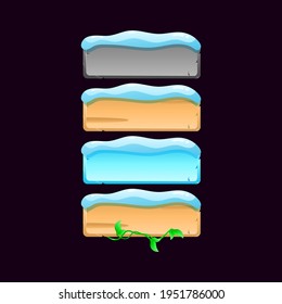 set of winter game ui board button icon. Stone, wooden, leaf, snow texture for gui asset elements vector illustration