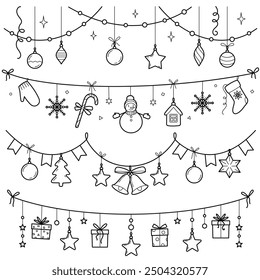 Set winter garlands with Christmas symbols.  Elements for decorating for the Christmas and New Year. Design elements or page of children's coloring book.	