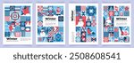 Set of winter geometric backgrounds with elements of nature, home, outdoor activities. Creative wintery poster with forest animals, birds, snowman and abstract ornaments. Poster, banner, flyer, cover