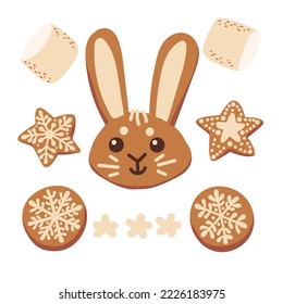 Set of winter gingerbread cookies in different shapes like rabbit, star, circle and marshmallows
