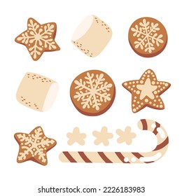 Conjunto de caramelos y galletas de pan de jengibre de invierno de diferentes formas con caña dulce y malvavisco