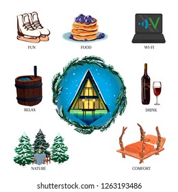 Set of winter glamping, fun, food, comfort, beautiful nature, drink wine, Internet, relax. Camping, outdoor vector illustration