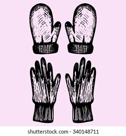 set of winter gloves, doodle style, sketch illustration, hand drawn, vector