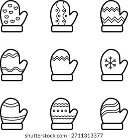 Un conjunto de iconos de guantes de invierno con diferentes patrones y diseños