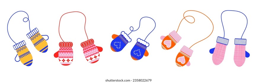 A set of winter gloves. Vector clip-art in flat style. Winter accessories. Drawing on a white isolated background.