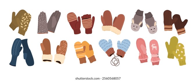 Set of winter gloves: woolen, knitted, and cotton designs, including mittens for men, women, and kids. Stylish accessories and warm garments. Isolated flat vector illustrations on a white background.