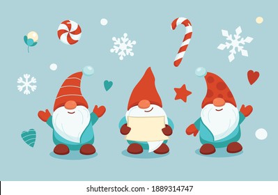Set of winter gnomes with snowflakes.