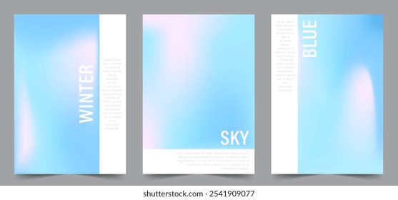 Set of Winter Gradient Backgrounds. Modern vector illustration. Iridescent aura card. Pastel minimalist backdrop for social media, business card or website design.