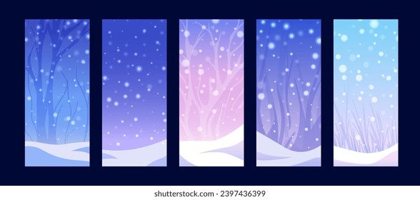 Set of winter gradient snow posters. Snowy backgrounds with trees and snowfall. Clear blue violet and pink sky. Snowy weather atmosphere. Vector illustration for post, banner. 