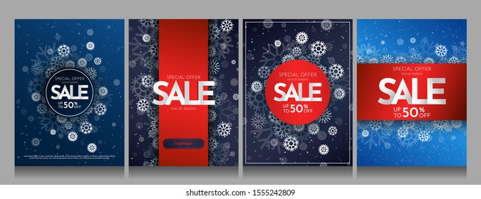 Set of winter graphic posters. Art design. Modern decorative invitation with red and blue color. Covers for brochures. Creative luxury concept. Discount sale banner. Flat snowflakes. Snowfall. A4 size