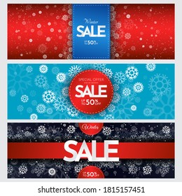 Set of winter graphic voucher. Art design. Modern decorative invitation with red and blue color. Creative luxury flyer concept. Discount sale banners. Flat snowflakes. Snowfall. 