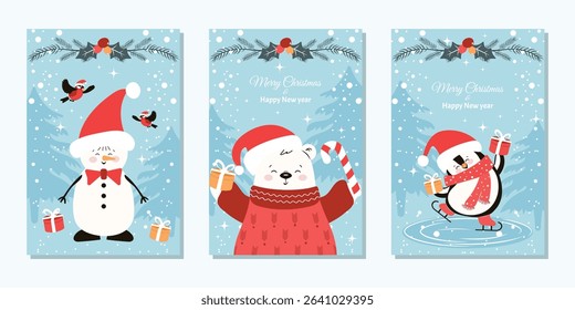 A set of winter greeting cards. Fashionable minimalistic design with a snowman, a polar bear, a penguin in Santa Claus hats and with gifts. Vector template for a poster, banner, or holiday cover.