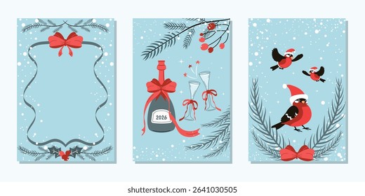 A set of winter greeting cards . Fashionable minimalistic design with birds in a Santa Claus hat, a bottle of champagne, glasses. Vector template for a poster, banner, or holiday cover.