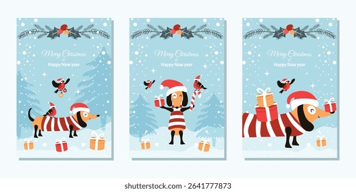 A set of winter greeting cards. Fashionable minimalistic design with a funny dachshund in a Santa Claus hat and with gifts. Vector template for a poster, banner, or holiday cover.