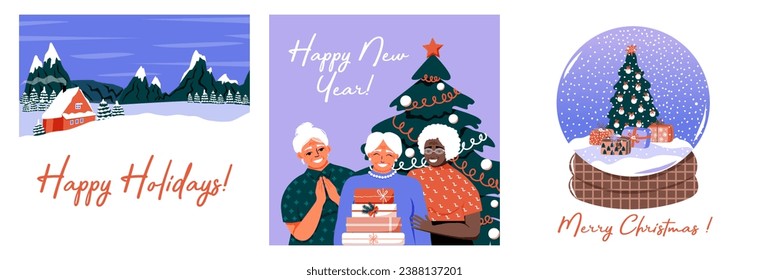 Set of winter greeting cards. Merry Christmas. Happy Holidays. Old women with gift boxes and Christmas tree. Snow globe. Winter landscape with mountains and house. Perfect for a postcard or poster