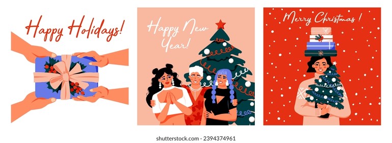 Set of winter greeting cards. Merry Christmas. Happy Holidays. Young women hugging. Friends. Hands with gift box.  Christmas tree.  Perfect for a postcard or poster
