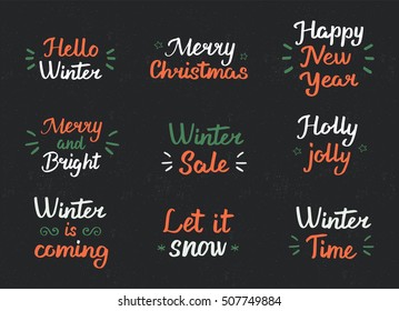 Set winter hand drawn brush lettering.  Lettering for your designs: posters, invitations, cards, etc. Vector illustration.