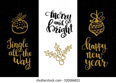 Set of winter hand drawn phrases and Christmas card template. Perfect brush typography for cards, poster, t-shirt, invitations and other types of holiday design. Vector.