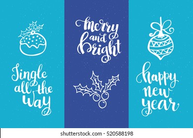 Set of winter hand drawn phrases and Christmas card template. Perfect brush typography for cards, poster, t-shirt, invitations and other types of holiday design. Vector.