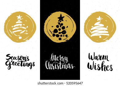 Set of winter hand drawn phrases and Christmas card template. Perfect brush typography for cards, poster, t-shirt, invitations and other types of holiday design. Vector.