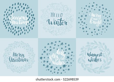 Set of winter hand drawn phrases and Christmas card template. Perfect brush typography for cards, poster, t-shirt, invitations and other types of holiday design. Vector.