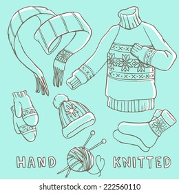 Set of winter hand knitted clothes vector illustrations sketch style - scarf, sweater, mittens, hat, socks