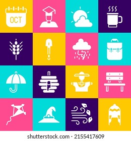 Set Winter hat, Bench, School backpack, Sun and cloud weather, Shovel, Wheat, October calendar autumn and Storm icon. Vector