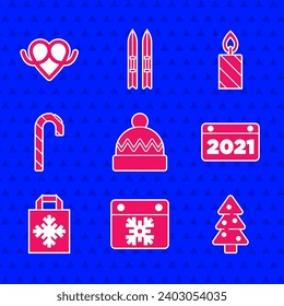 Set Winter hat, Calendar, Christmas tree, shopping bag, candy cane, Burning candle and Pretzel icon. Vector