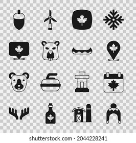 Set Winter hat, Canada day with maple leaf, Canadian, Beaver animal, Acorn and Kayak icon. Vector