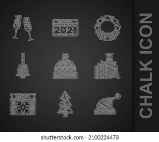 Set Winter hat, Christmas tree, Santa Claus, bag gift, Calendar, Merry ringing bell, wreath and Glass of champagne icon. Vector