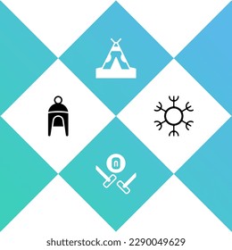 Set Winter hat, Curling sport game, Indian teepee wigwam and Snowflake icon. Vector
