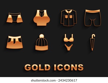 Set Winter hat, Cycling shorts, Umbrella, Swimsuit, Skirt, Shirt, Men underpants and Undershirt icon. Vector