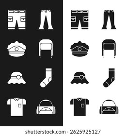 Set Winter hat with ear flaps, Police cap cockade, Short or pants, Pants, Elegant women, Socks, Sport bag and Polo shirt icon. Vector