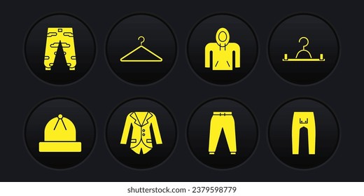 Set Winter hat, Hanger wardrobe, Blazer or jacket, Sport pants, Hoodie, Pants and Camouflage cargo icon. Vector