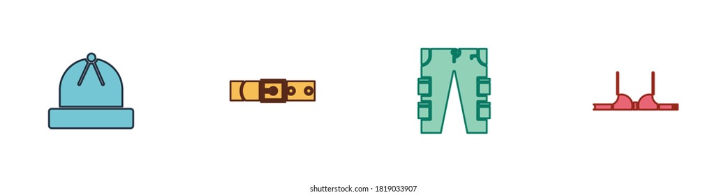 Ponga sombrero de invierno, correa de cuero, pantalones de carga e icono de bronce. Vector.