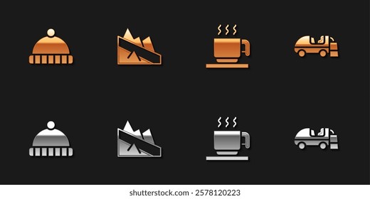 Set Winter hat, Mountain descent, Hot chocolate cup and Ice resurfacer icon. Vector