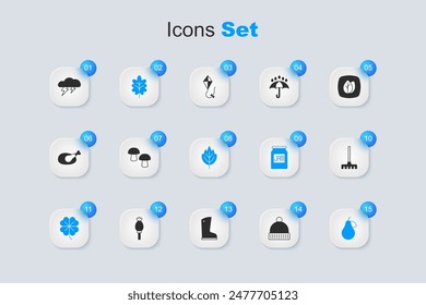 Set Winter hat, Mushroom, Leaf, Four leaf clover, Pear, Garden rake, Cloud and lightning and  icon. Vector