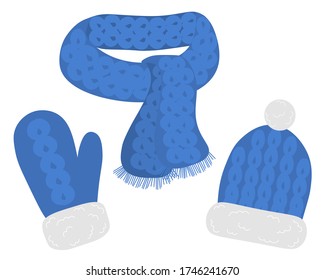 Set of winter hat with pompom scarf and mittens accessories with ornament vector illustration