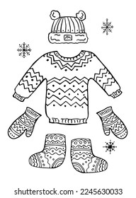 Juego de sombreros de invierno, bufanda, manchas aisladas en fondo blanco. Ilustración vectorial. Libro de coloración