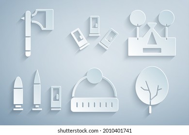 Ajuste sombrero de invierno, carpa turística, bala y cartucho, árbol, cartuchos y icono de cera de madera. Vector