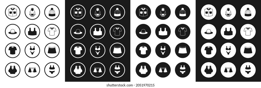 Set Winter hat, Undershirt, Man, Shirt, Hoodie, Skirt and T-shirt icon. Vector